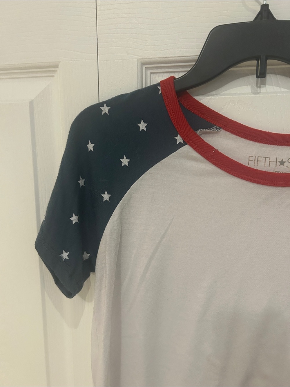 Fifth Sun White Tee with Navy Star Raglan Sleeves and Red Trim - Picture 2 of 3